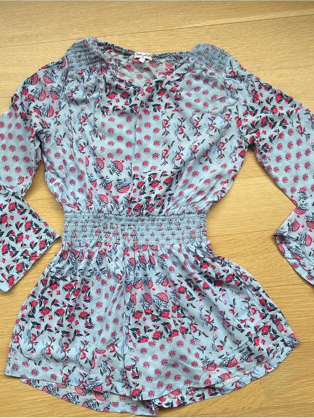 Splendid Girl's Size 12 Blue Pink Romper Floral Smocked Long Sleeve